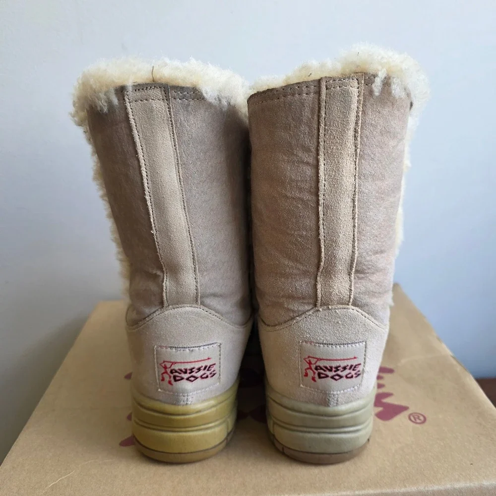 Aussie Dogs Tan‎ Suede Sheepskin Fur Lined Mid Calf Winter Boots Womens
